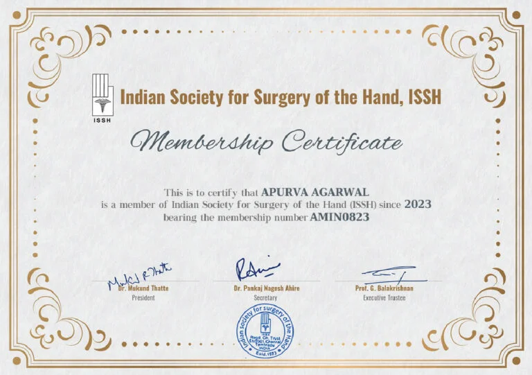 Indian Society for Surgery of the Hand Life Membership Certificate - Dr. Apurva Agarwal
